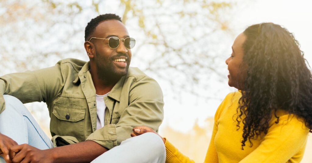 Happy couple having a conversation