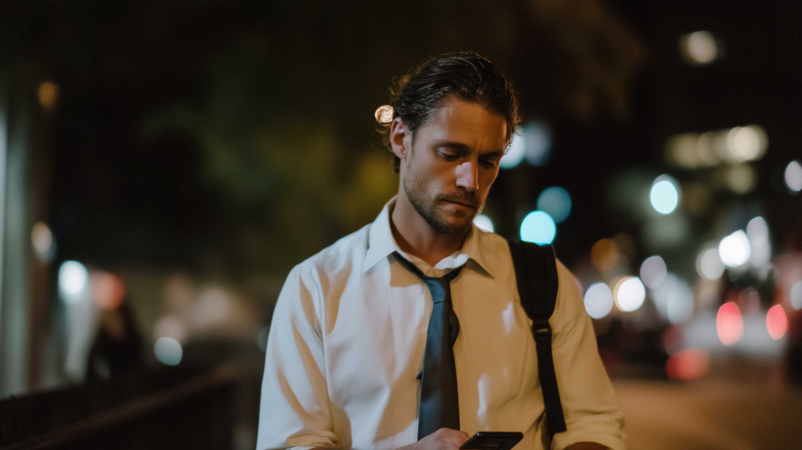 Stressed professional man in the city looking fatigued while commuting after work, representing burnout and overwork.