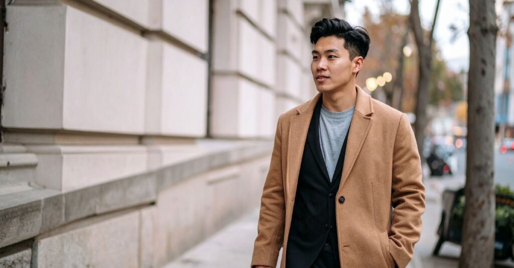 Confident man walking outdoors with soft sunlight behind him, symbolizing pride, visibility, and authenticity.