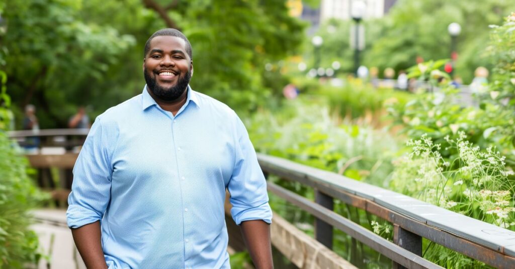 Confident man walking outdoors in sunlight, symbolizing hope, emotional growth, and renewed vitality.