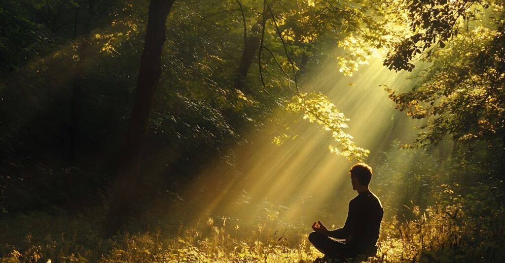 Man practicing mindfulness meditation outdoors, focusing on calm breathing and emotional relaxation.