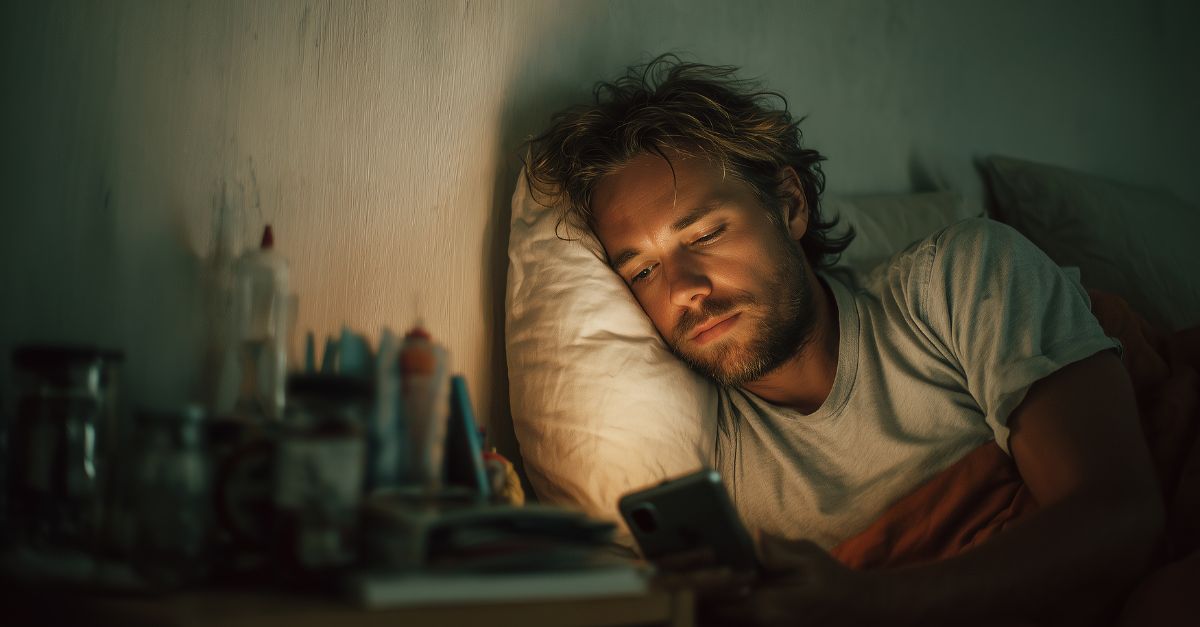 Man looking at his phone alone in his bed