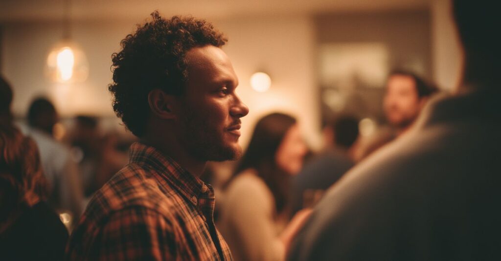 Man feeling invisible and lonely in social setting despite being surrounded by others