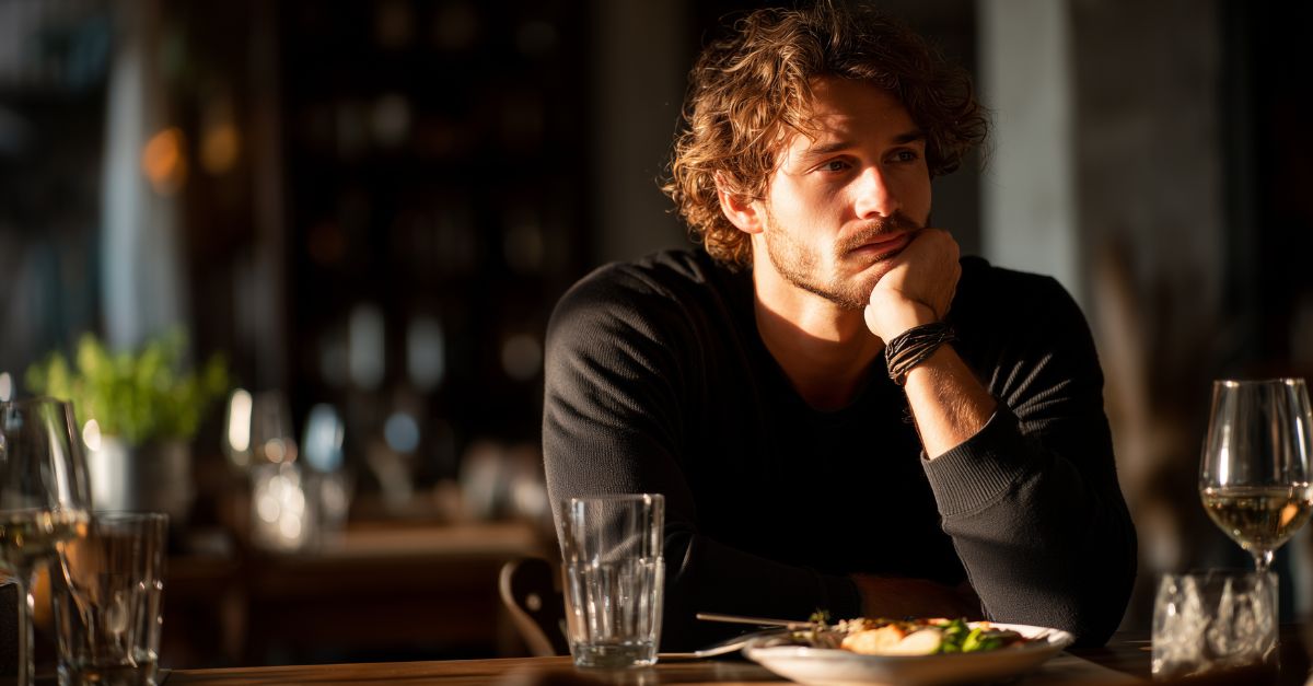 Man sitting alone at dinner table feeling lonely and emotionally disconnected