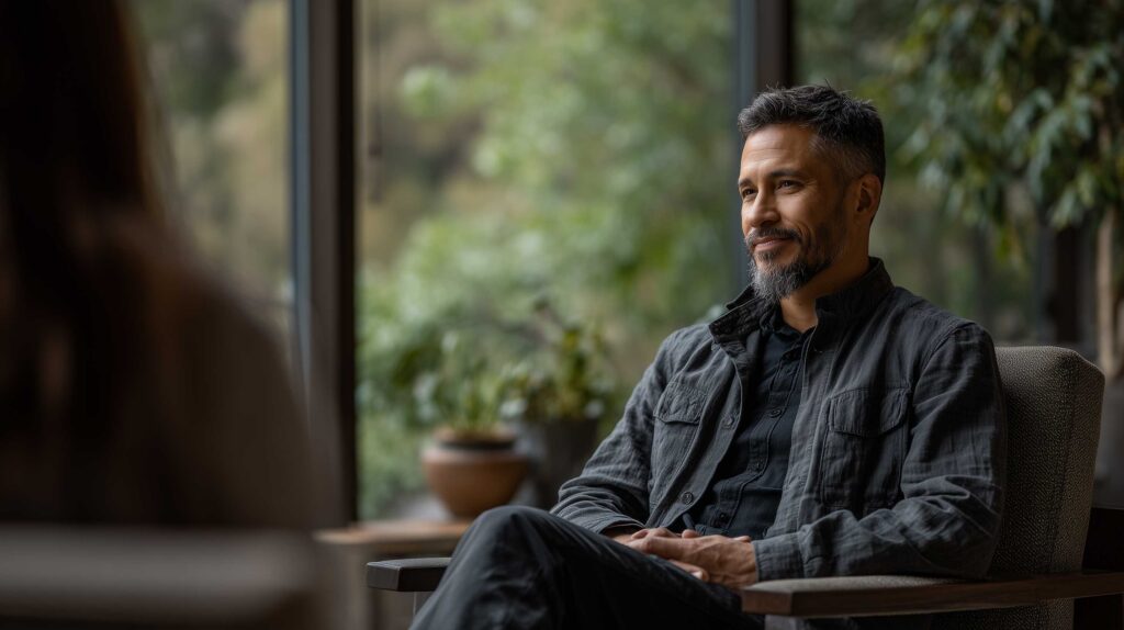 Man sits in a therapists office with a soft smile on his face.