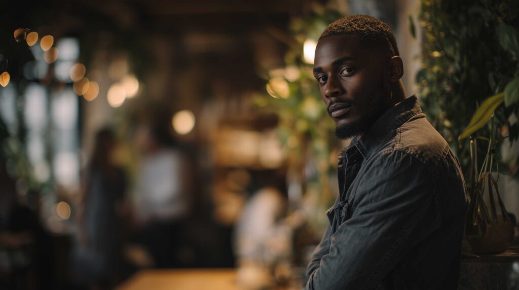 Man standing in a coffee shop, looking at camera
