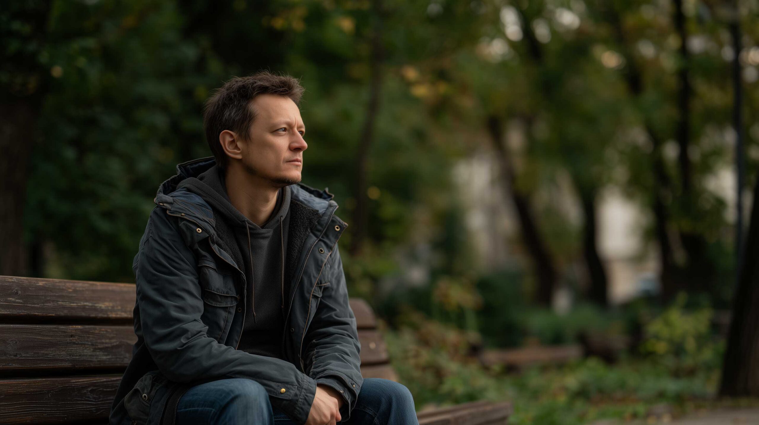 Man sits on a park bench with a far-off look on his face.