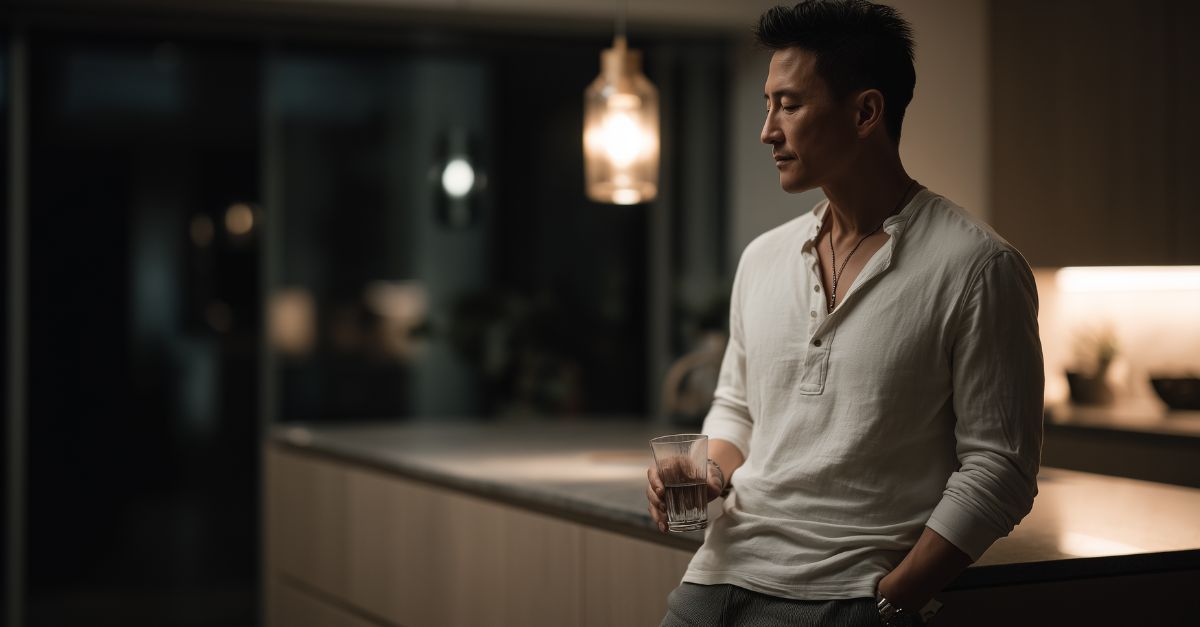 Man leans thoughtfully against the kitchen counter as he drinks his water