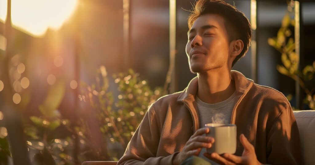 Relaxed man enjoying tea at sunset