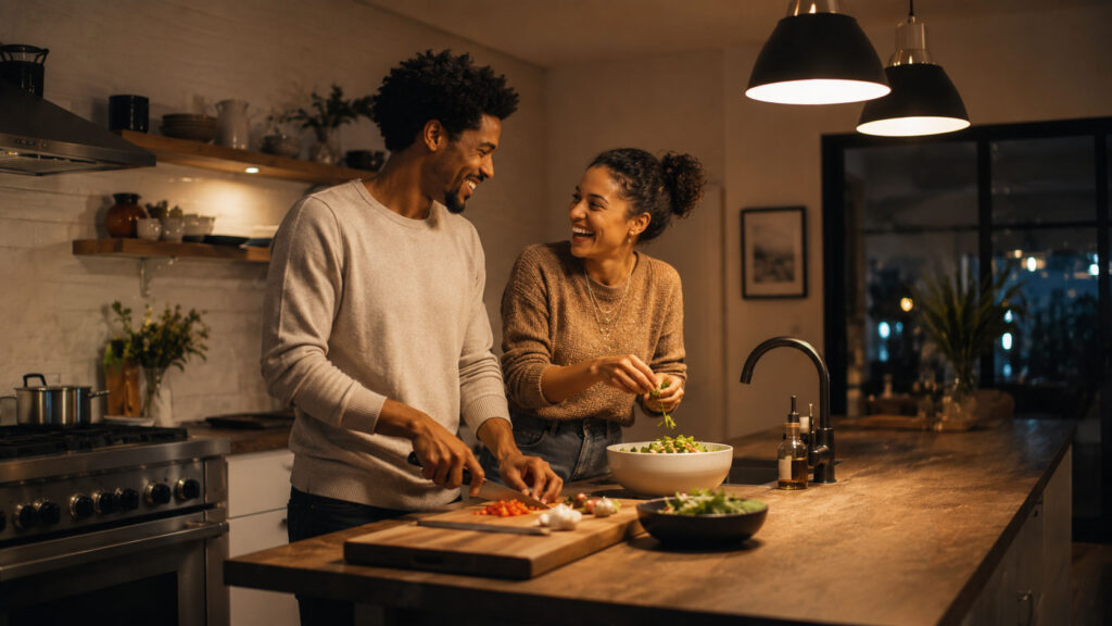 Couple cooking dinner together, sharing a laugh.