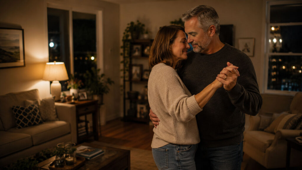 Couple dancing in the living room