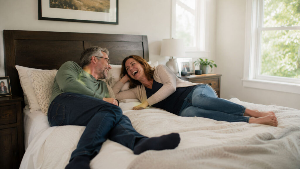 Couple sharing a laugh in bed together