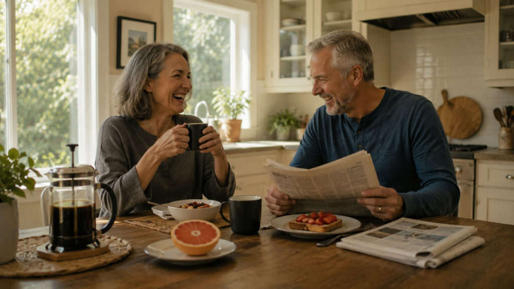 Happy couple at breakfast table sharing a laugh together