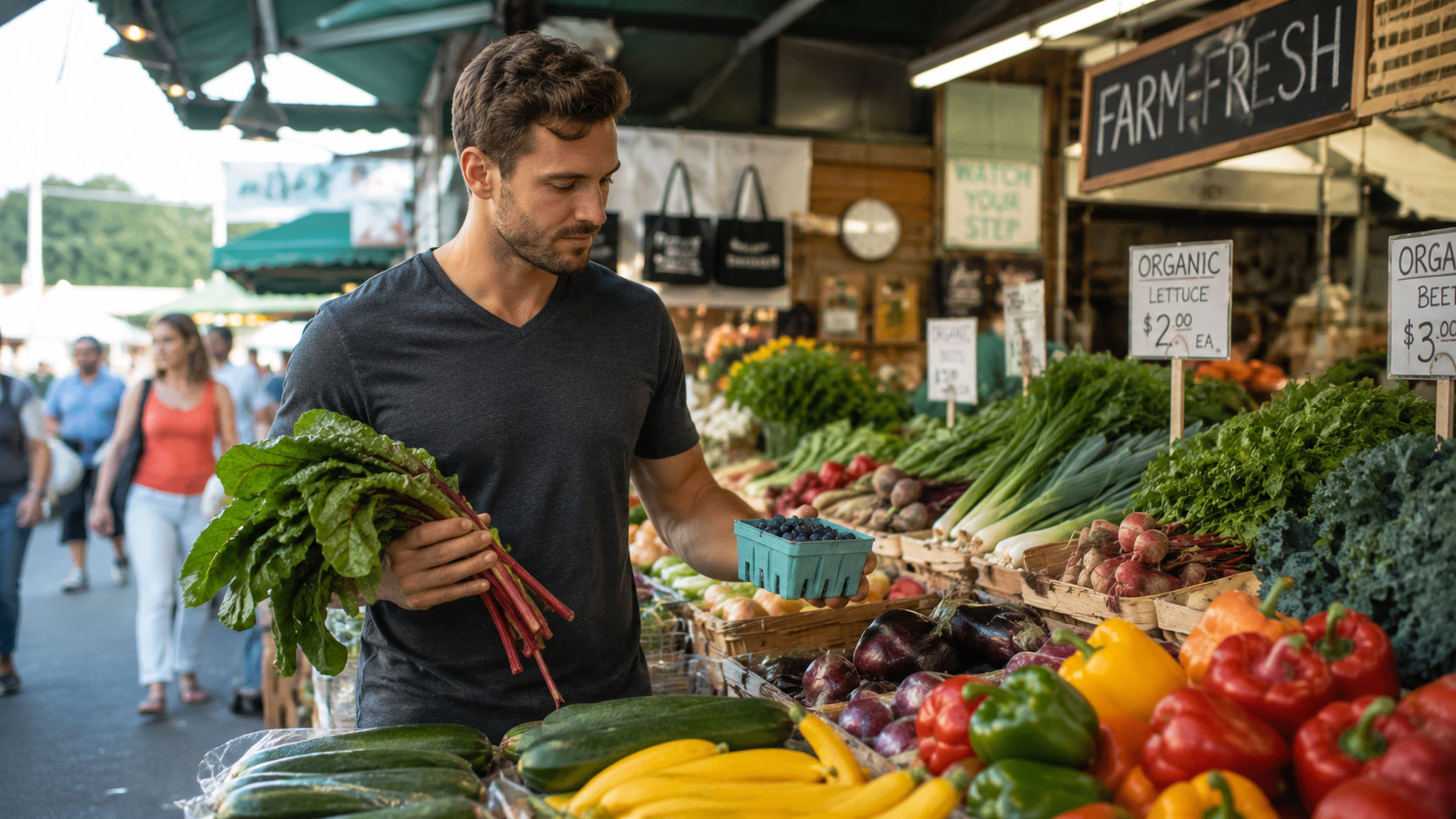 Man choosing fresh vegetables at a farmers market