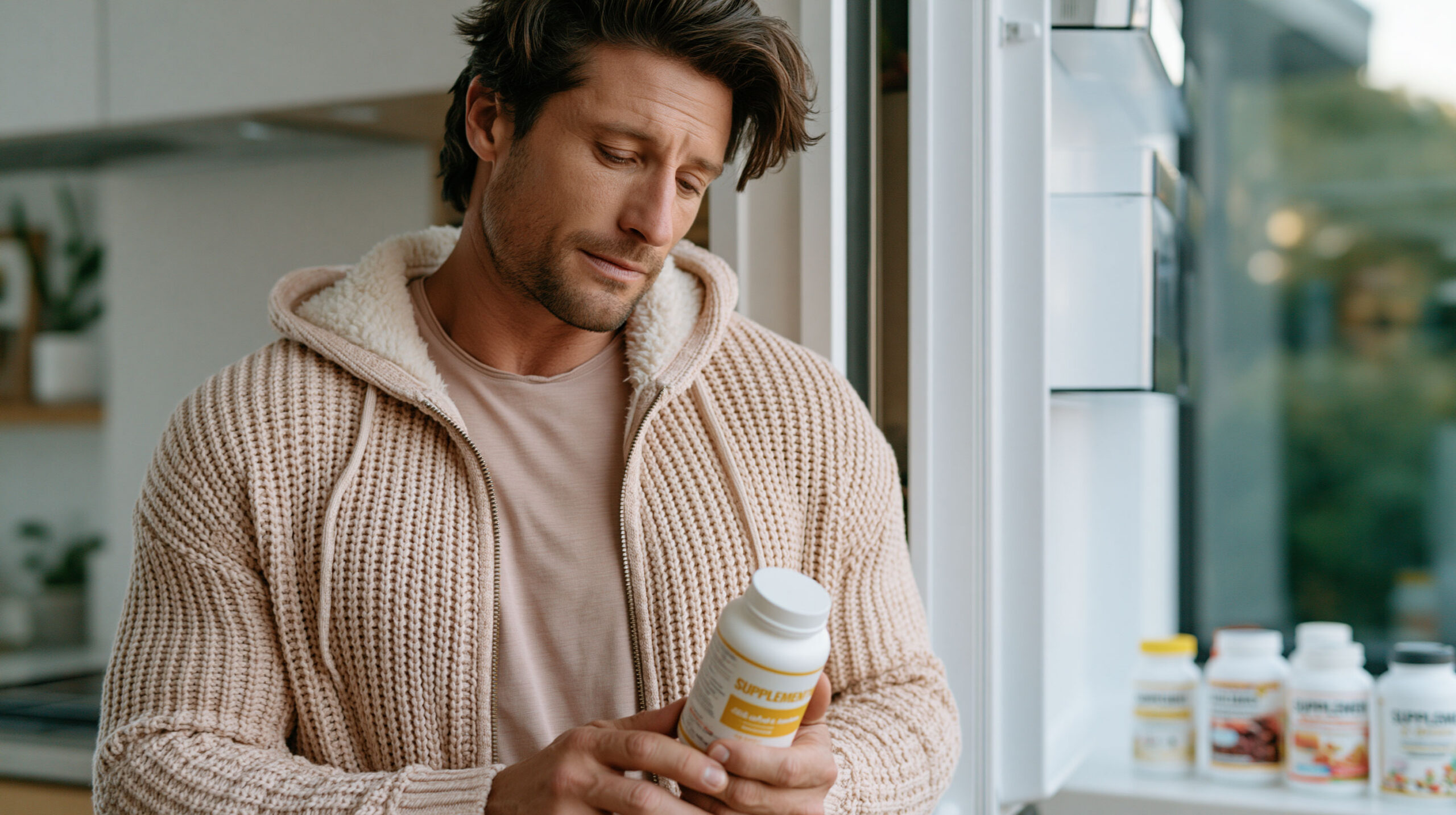 Man looking speculatively at a supplement bottle.