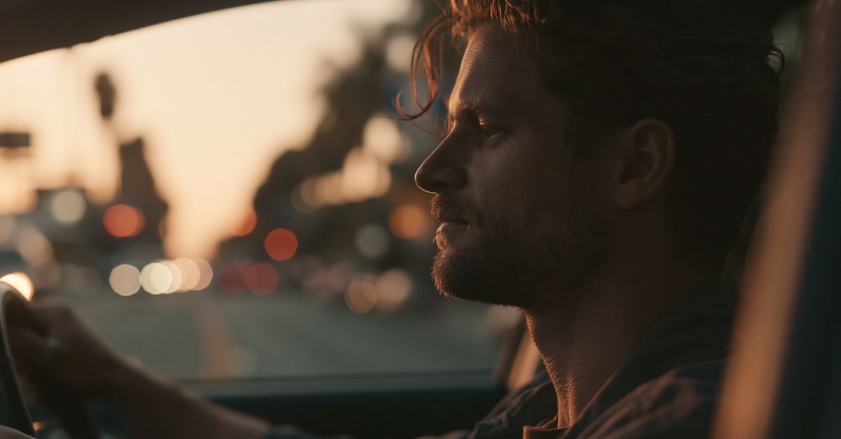 Man driving alone at sunset, lost in thought.