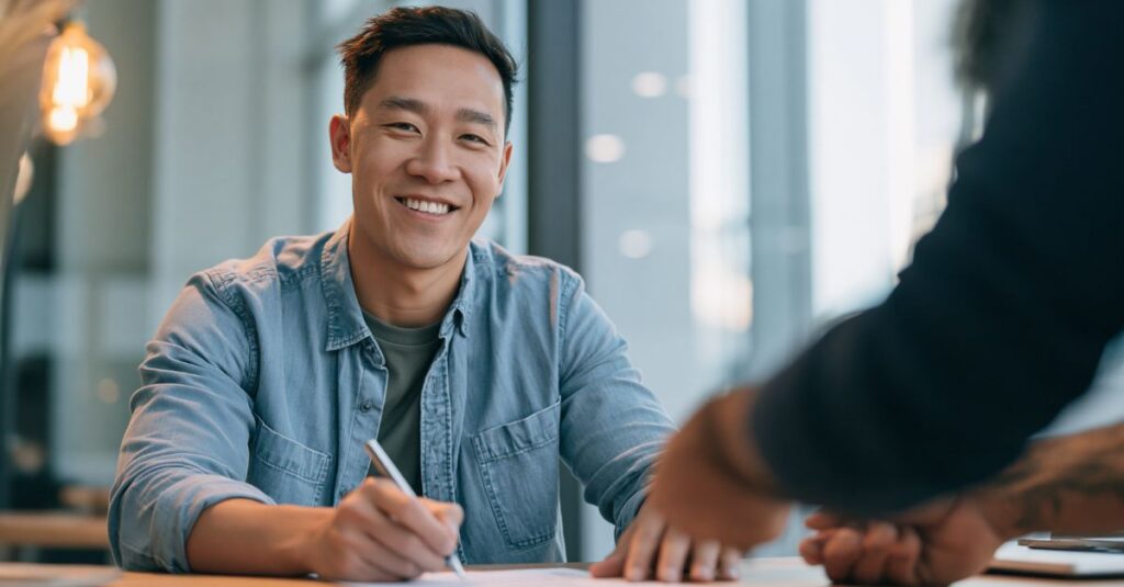 Man signing a document with a proud, confident expression on his face.