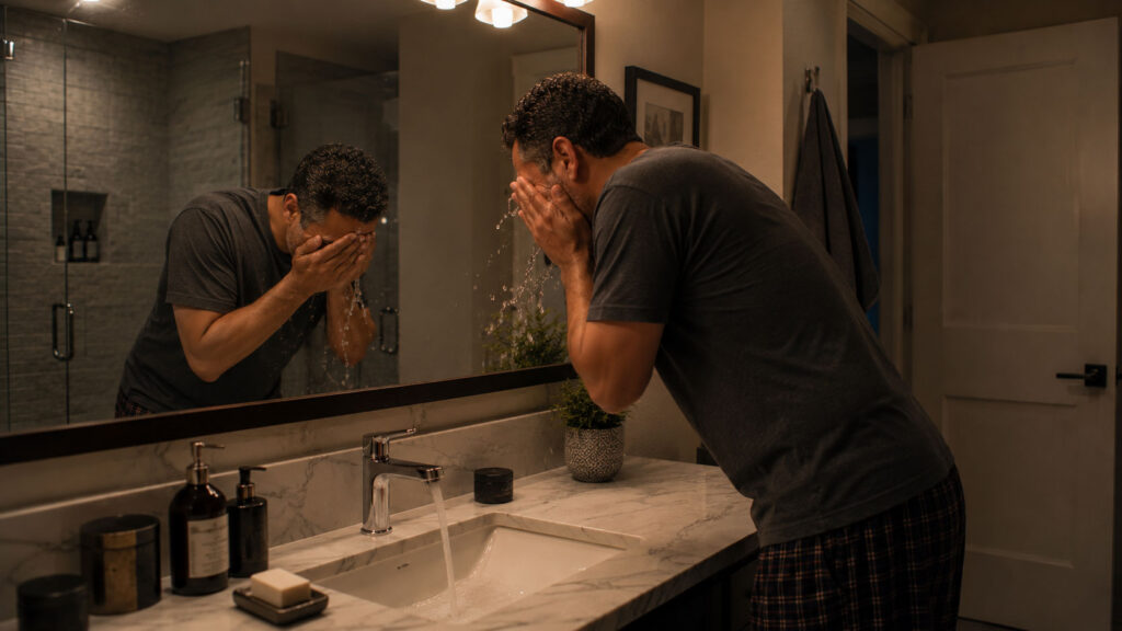 Man splashing water on his face to release tension.
