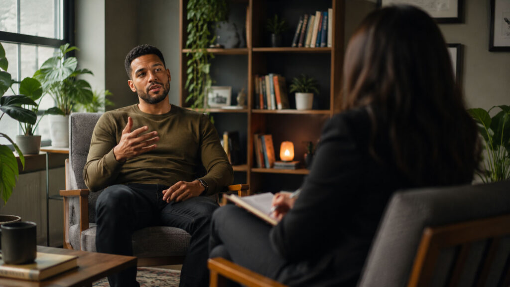 Man talking to his therapist during a counseling session.