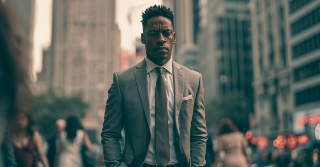 Man walking down the street, looking distracted.