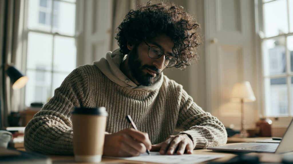 Man writing at a desk