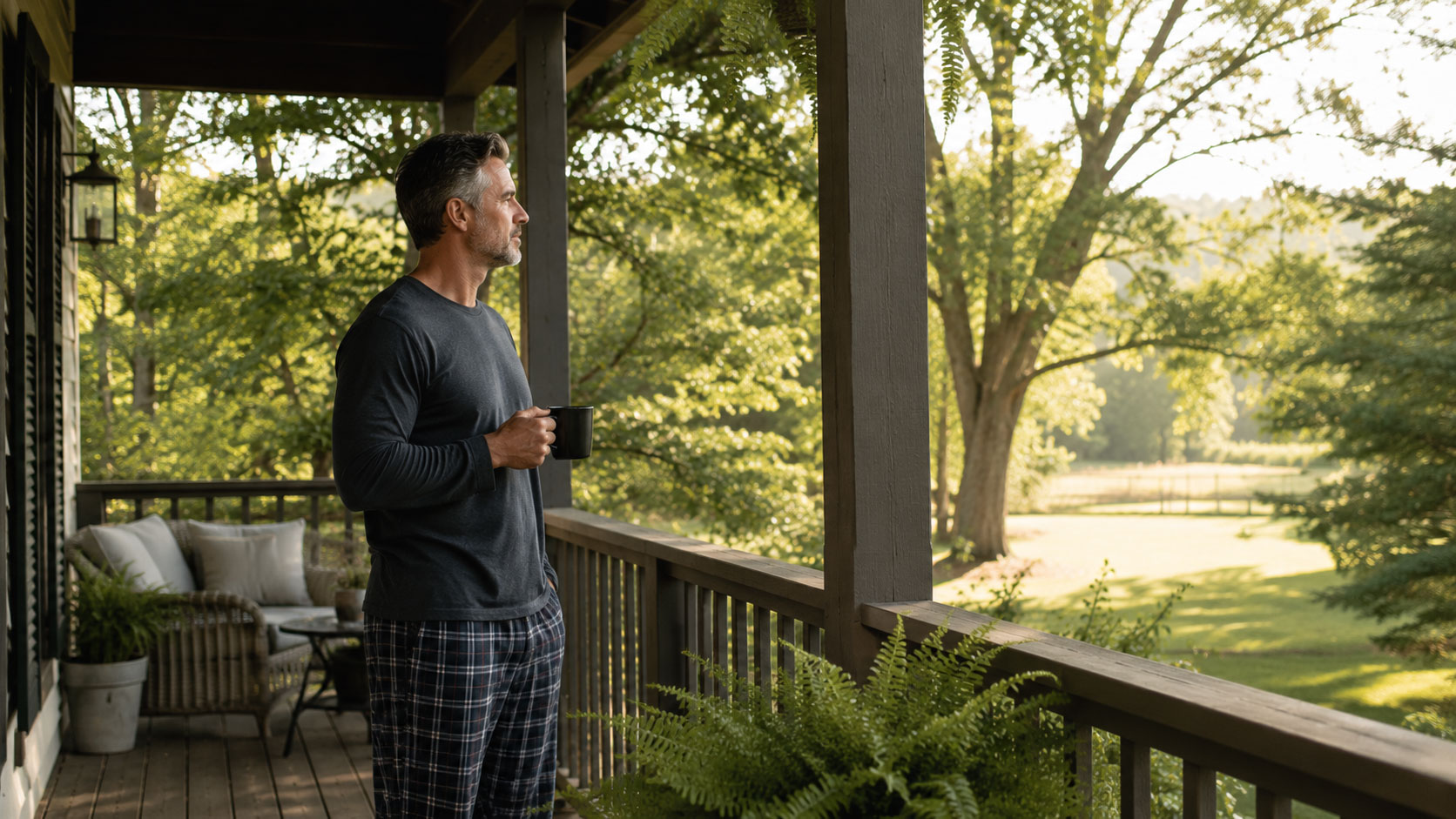 A man in his 50s stands on his front porch drinking a cup of coffee.