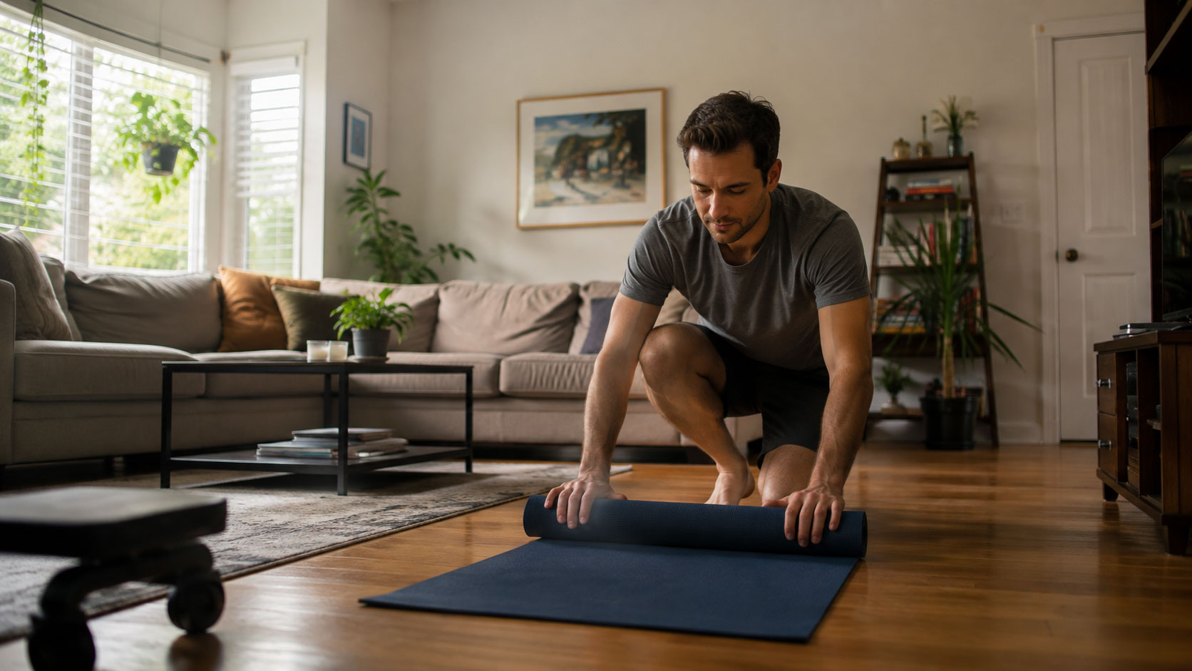 Man-Unrolling-Yoga-Mat-in-Living-Room