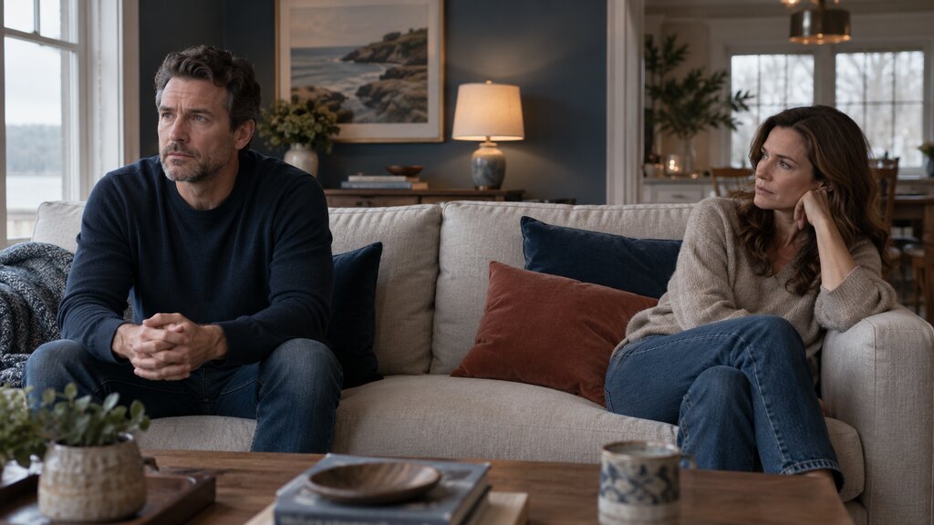 Couple sitting apart on a couch after struggling to communicate their needs