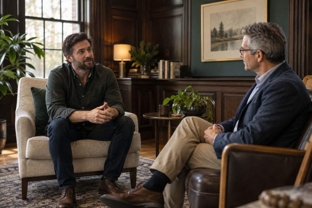Adult man having a comfortable conversation with a therapist in a welcoming counseling office