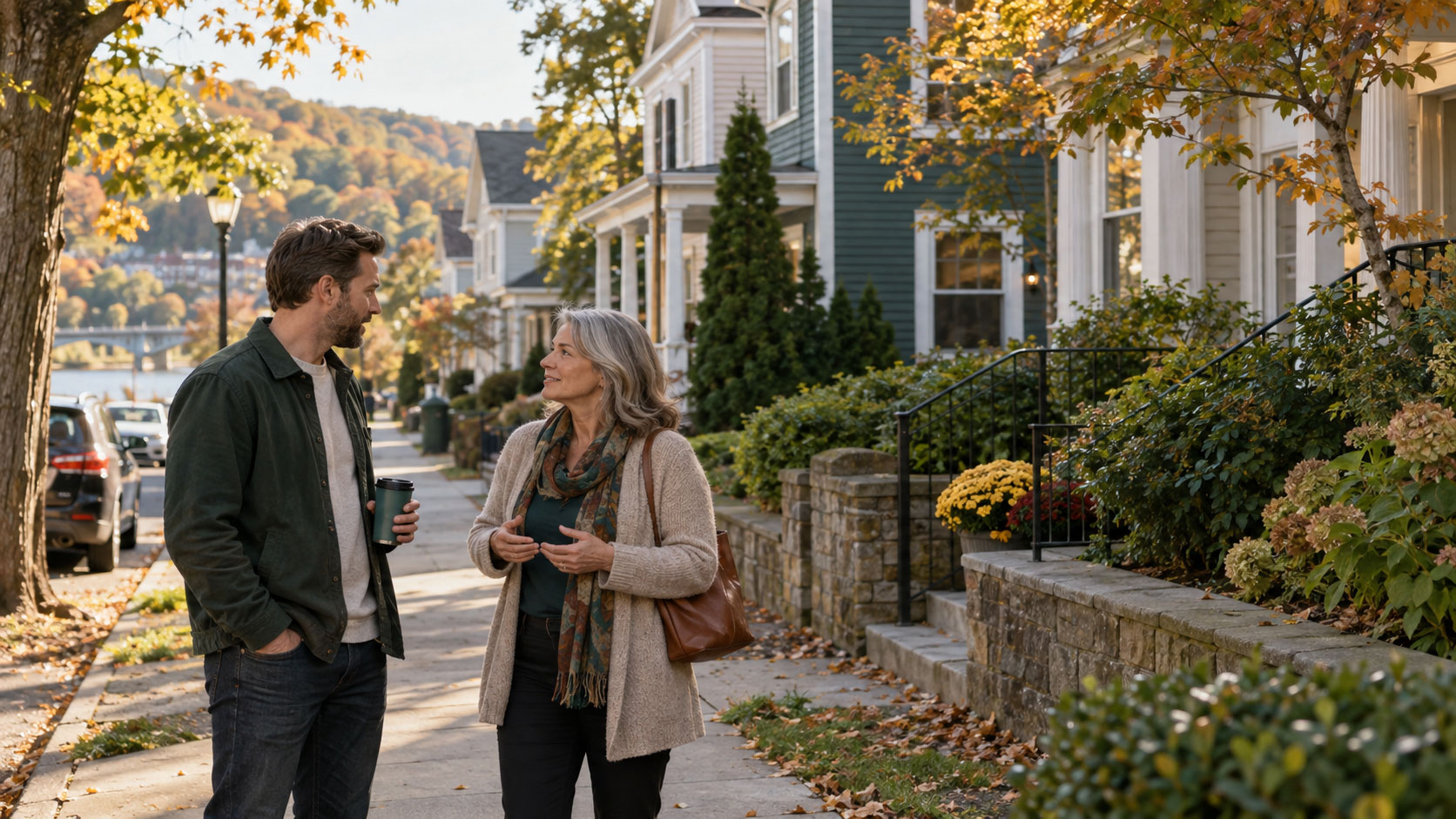 Two local professionals talking outside neighboring offices in a Connecticut community