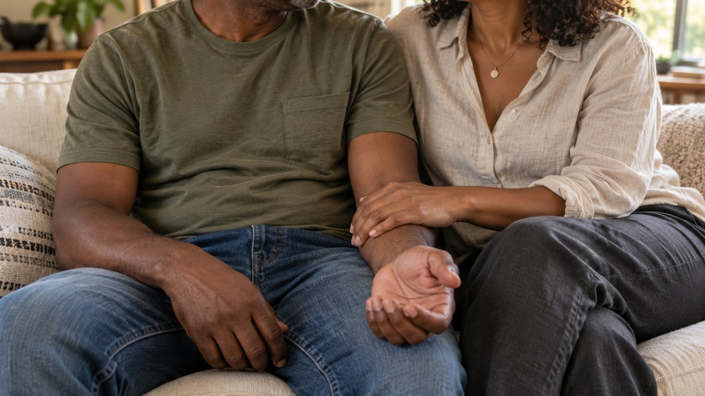 Close-up of a woman gently resting her hand on her partner’s forearm while they sit together on a sofa