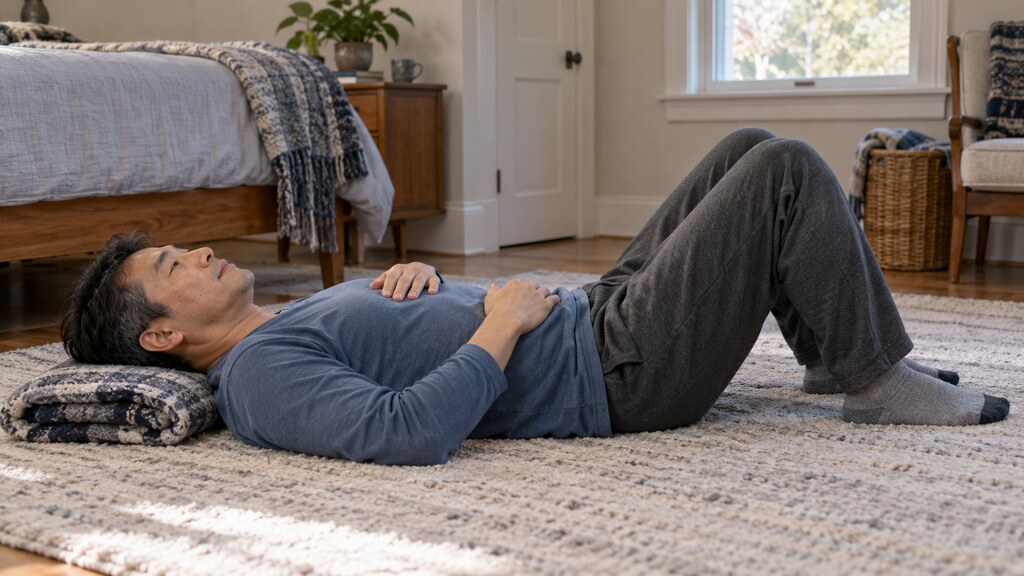 Man practicing diaphragmatic breathing and pelvic floor relaxation at home