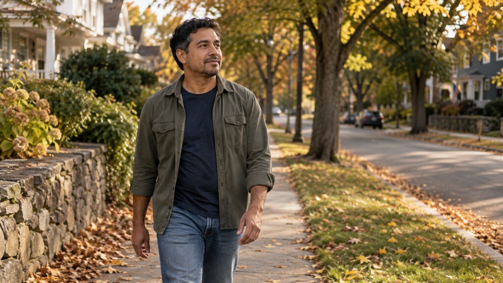 Man taking a purposeful walk to regulate before returning to a difficult conversation.