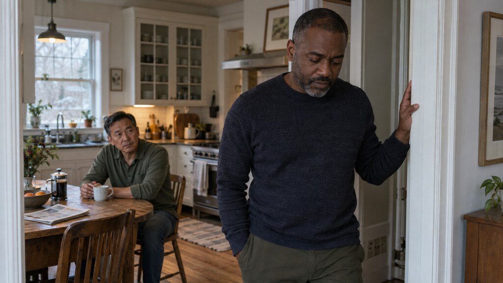 Black man pausing in a doorway while his partner gives him space during a difficult conversation.