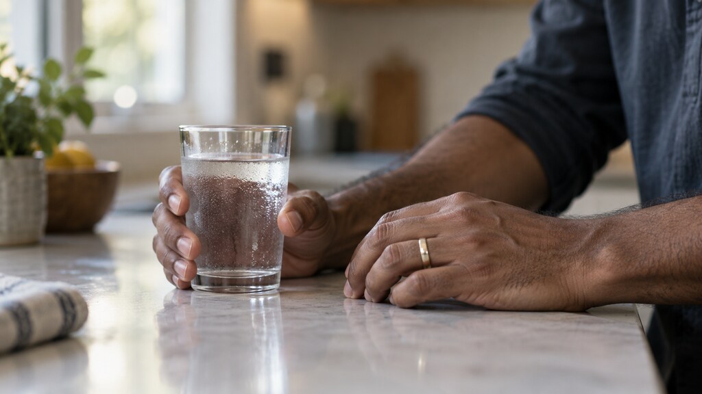Man loosening his tense hands around a glass of water while regulating during conflict.