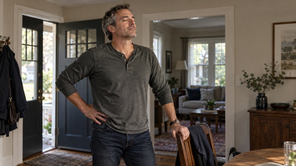 Man pausing to notice tension in his body at home