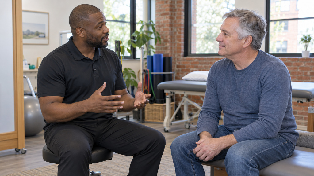 Pelvic floor physical therapist discussing relaxation strategies with a male patient