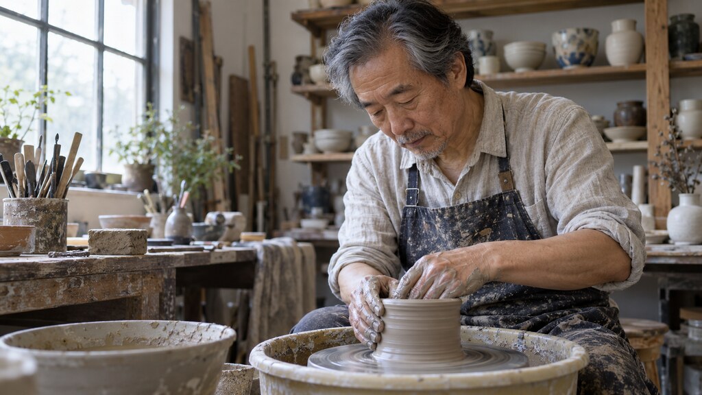 Older man shaping clay at a pottery wheel as a daily mindfulness practice