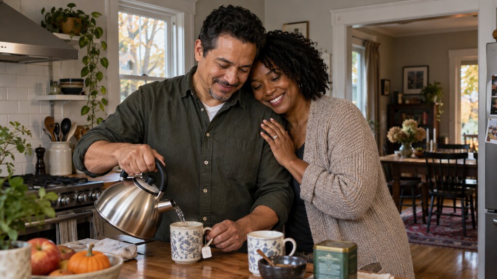 Interracial couple sharing a relaxed moment in their Connecticut kitchen