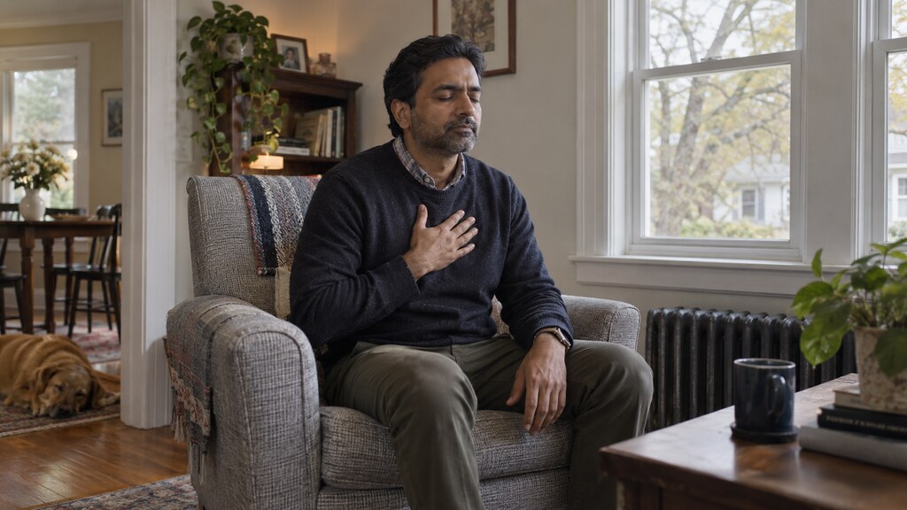South Asian man slowing his breathing in a comfortable Connecticut home