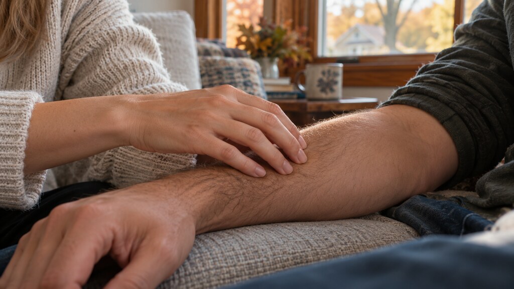 Woman gently touching her male partner’s forearm during a mindful touch exercise