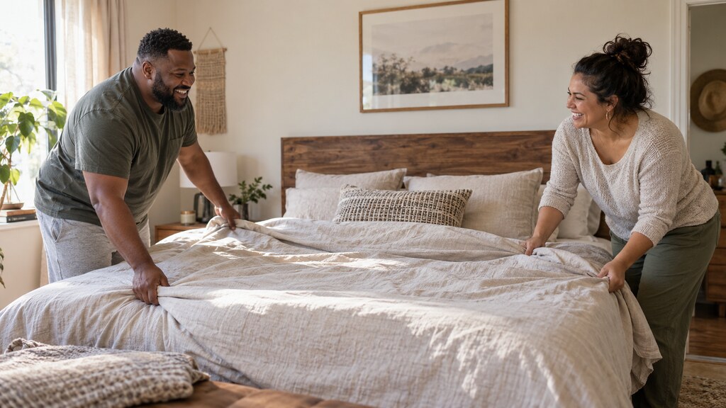 Interracial couple making their bed together and laughing in a sunlit bedroom