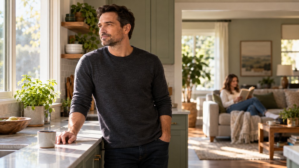 A man looks thoughtfully out of a kitchen window while his partner reads in the living room.