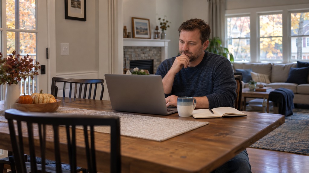 A man reviews information on a laptop with a notebook beside him at home.