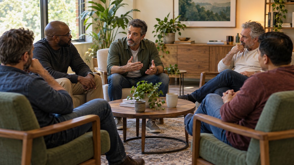 Men listening to one another during a small counseling group.