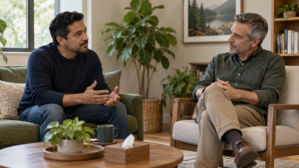 Man discussing mental health treatment options with a therapist.