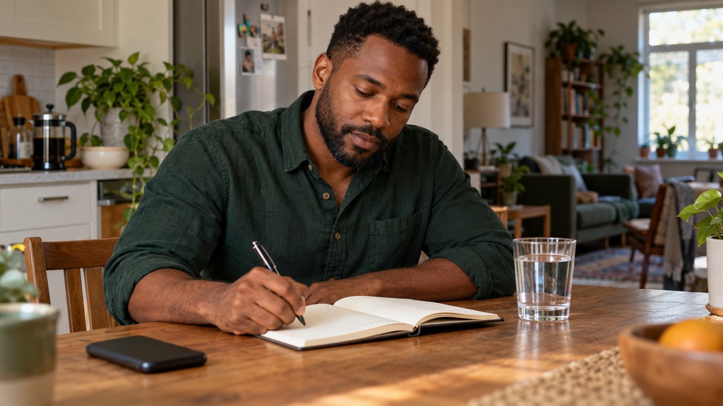 Man writing in a notebook at his kitchen table before a counseling appointment.