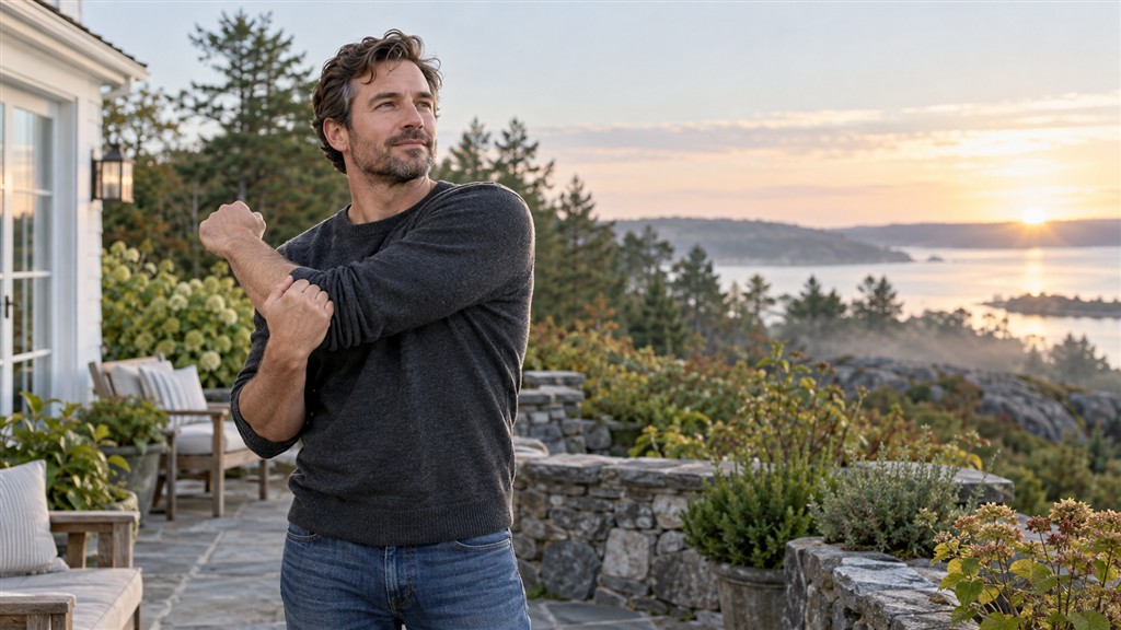 A man gently stretches his shoulder on a garden terrace in the morning.