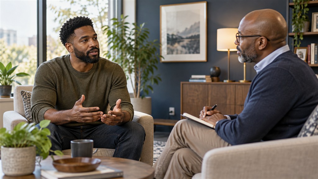 A man talks with a therapist in a comfortable, sunlit counseling office.